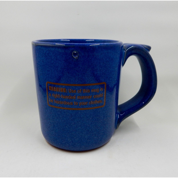 Lefty's Coffee Mug Cup Blue Glazed Pottery Thumb's Up Hazardous Warning - Picture 3 of 8